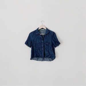 ZARA! DARK BLUE CROPPED BUTTON UP SHORT SLEEVE FLOWY TOP!